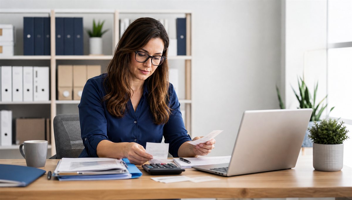 Bookkeeper organizing monthly financial records