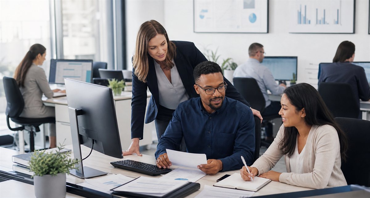 Accounting professionals collaborating in a modern office
